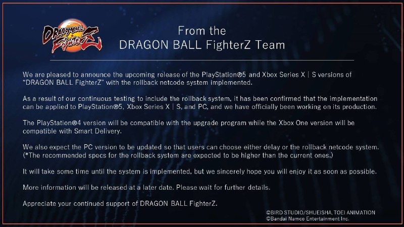 万代南梦宫宣布，发售数年的格斗游戏《龙珠斗士 Z》将推出 PS5/Xbox Series 版，PS4 和 Xbox One 版玩家可以免费升级，新版本发售时间暂未公布