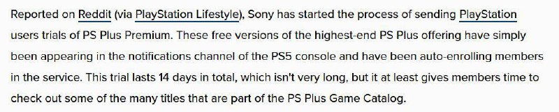 据报道，索尼已开始向部分PS Plus会员赠送PS Plus Premium（高级会员）14天免费试用
