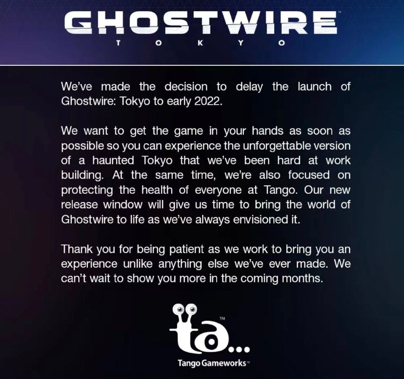 《幽灵线：东京》的开发商 Tango Gameworks 宣布游戏将延期至 2022 年早期发售