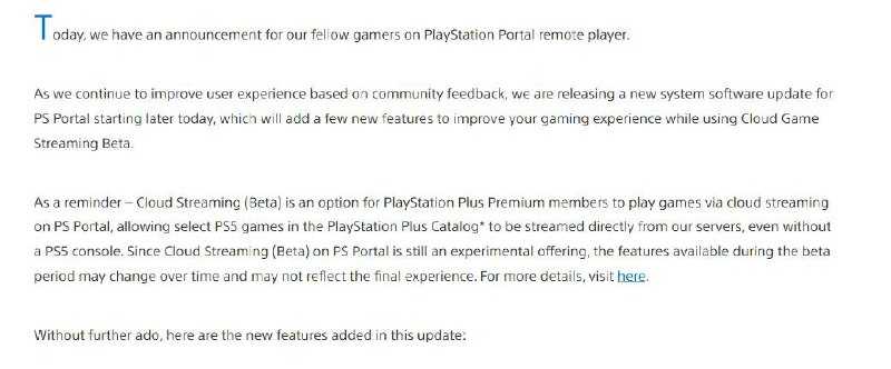 PlayStation Portal云串流功能更新即将推出，新增游戏排序、画面捕捉、排队等功能