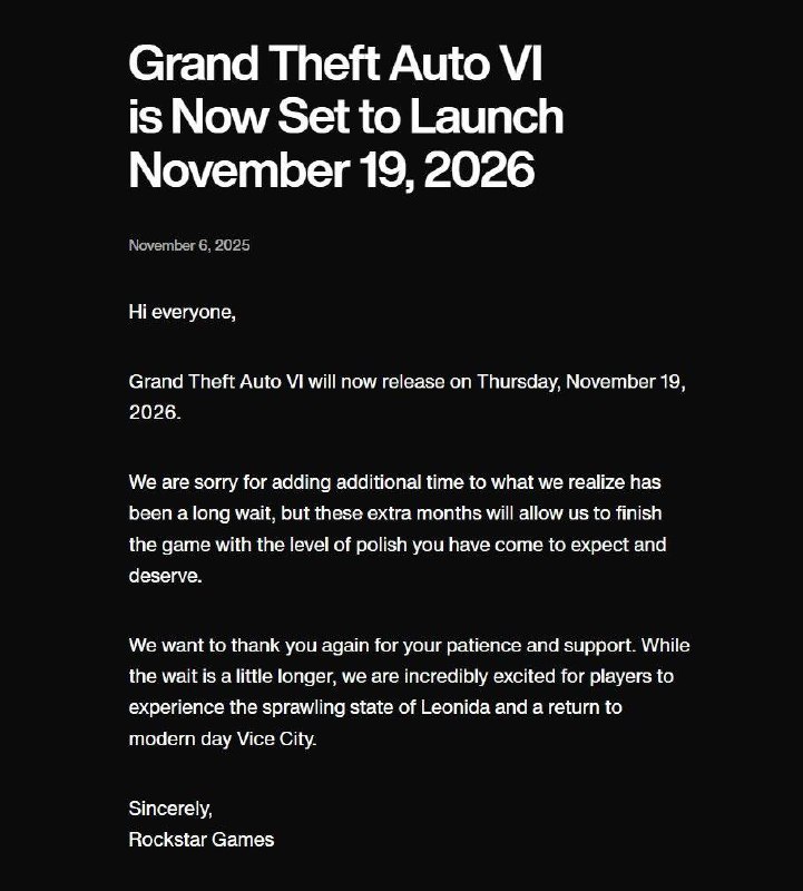 GTA6 再次延期至2026年11月19日发售