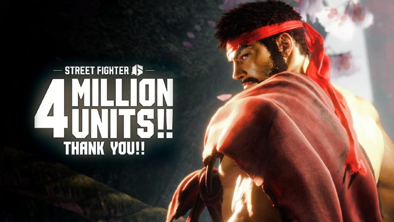Capcom宣布：《街头霸王6》销量现已突破400万份并表示：感谢您的支持与参与，帮助我们实现这一里程碑！我们希望您对《街头霸王6》的未来感到兴奋，因为我们打算发布更多内容并且举办更多活动！