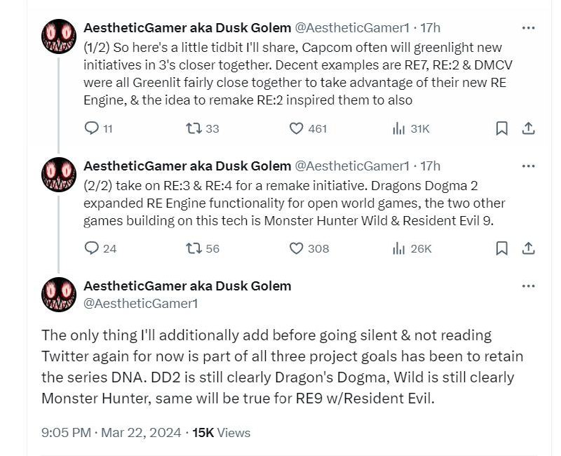 知名泄密者「Dusk Golem」近日在X上透露，《怪物猎人 荒野》《生化危机9》将会采用《龙之信条2》相同的基于RE引擎的全新开放世界系统，游戏最终会保留各自的“DNA”（特色）