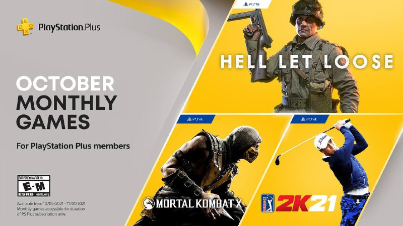 PS Plus 美服10月会免公布：「人间地狱」- PS5「真人快打X」- PS4「美国职业高尔夫巡回赛 2K21」- PS4 ​​​​领取时间为10月5日~11月1日