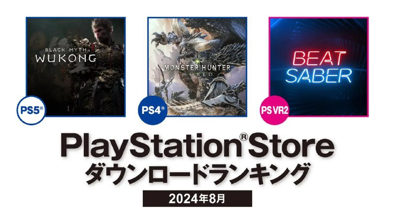 PlayStation Blog发布了8月份PS Store下载量排名PS5日服下载量前十名：1.《黑神话：悟空》2.《高达创坏者4》3.《圣剑传说  VISIONS of MANA》4.《8番出口》5.《霍格沃兹之遗》6.《吸血鬼幸存者》7.《地心护核者》8.《怪物猎人：崛起》9.《星球大战：亡命之徒》10.《街霸6》PS5美服下载量前十名：1.《黑神话：悟空》2.《麦登橄榄球25》3.《大学橄榄球25》4.《GTA5》5.《星球大战：亡命之徒》6.《彩虹六号：围攻》7.《漫威蜘蛛侠2》8.《博德之门3》9.《霍格沃兹之遗》10.《WWE 2K24》