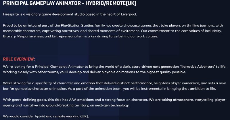 Firesprite工作室近期公开的招聘信息显示，团队正在打造一款3A级制作规格的黑暗风格、剧情驱动的次世代叙事冒险游戏
