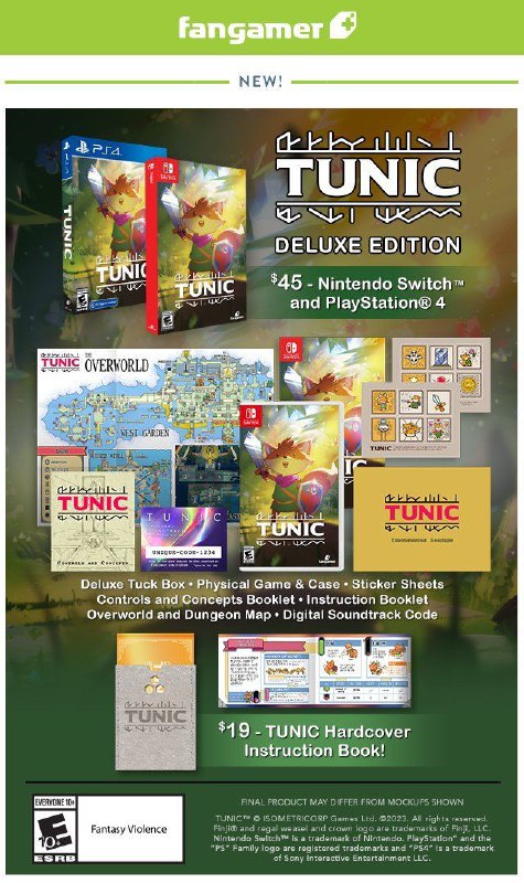 Fangamer宣布推出《Tunic》PS4、Switch豪华版，包含实体游戏、操作/指引/概念手册、贴纸、世界&地牢地图、数字配乐兑换码