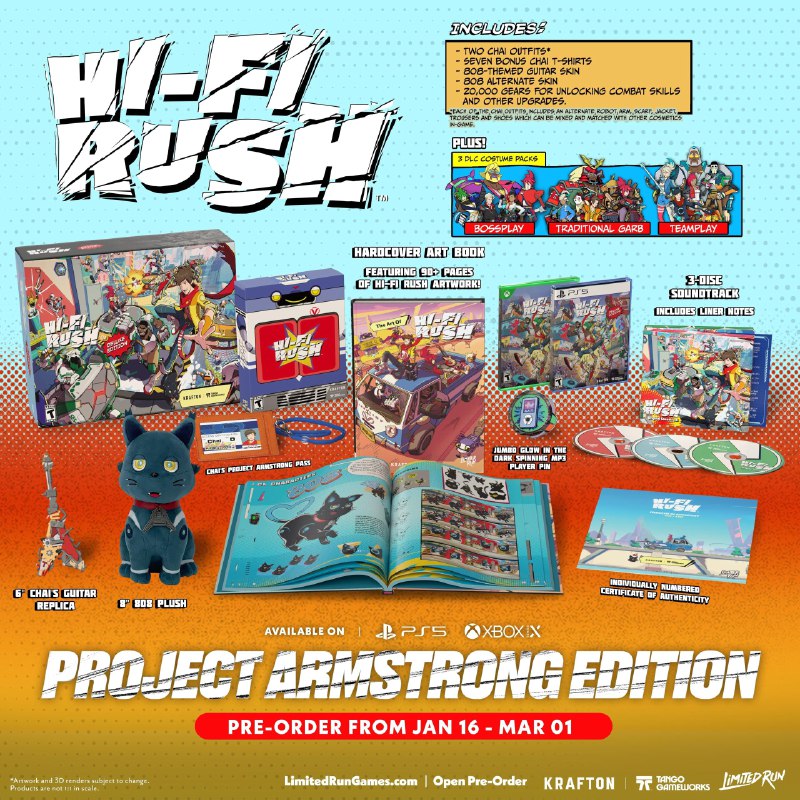 Limited Run Games《完美音浪》PS5和Xbox实体版将于1月16日至3月1日期间开启预售，分为三种版本：Rhythm版售价39.99美元；Smidge Edition版售价69.99美元；Armstrong Edition版售价174.99美元，均包含豪华版游戏和三个服装DLC