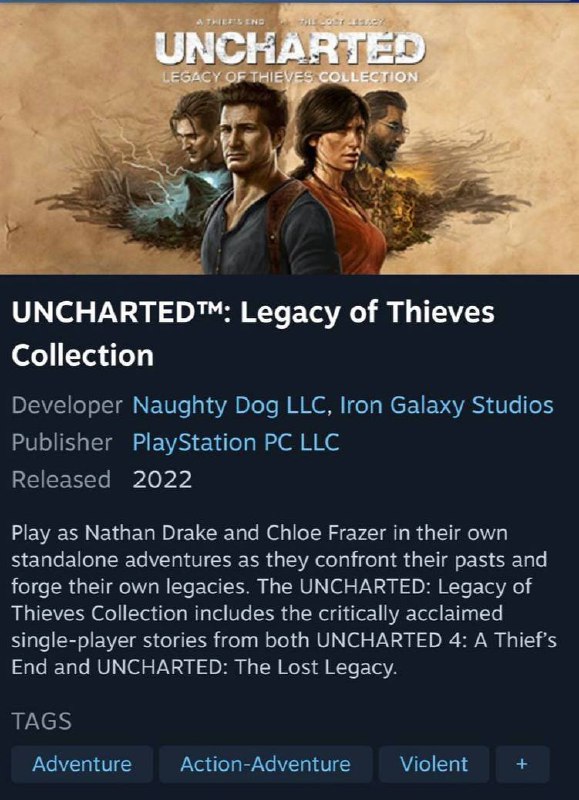 《神秘海域：盗贼遗产合集》Steam页面现已上线，预计将于2022年发售，支持简繁体中文