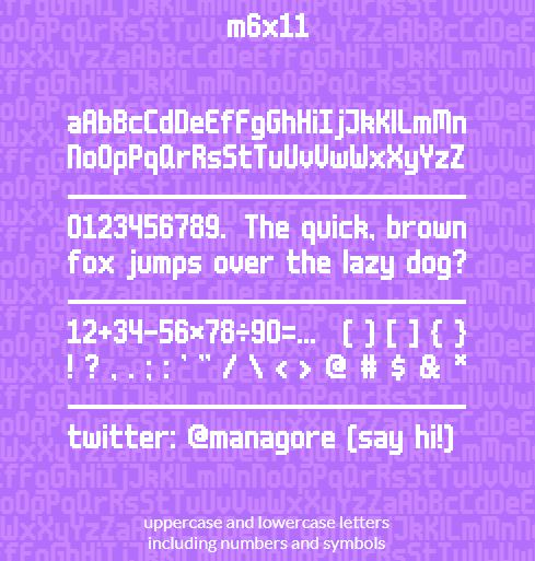 「Daniel Linssen」在 itch.io 免费上架了一款的像素字体资产包「m6x11」，涵盖了大小写字母、数字、符号，语言方面支持荷兰语、法语、德语、意大利语、挪威语等