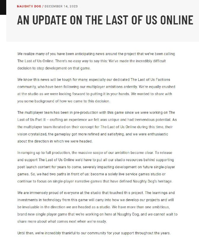 顽皮狗宣布停止开发 The Last of Us Online ​​​