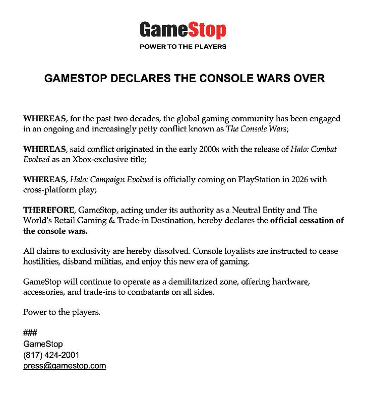 美国零售商GameStop发文表示：「主机战争」正式结束