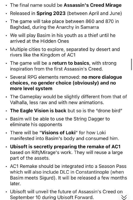 #Ubisoft爆料：系列新作《刺客信条：幻影》预计 2023 年春季推出《刺客信条：幻影(Assassin’s Creed Mirage)》是《刺客信条》系列新作的命名，游戏将于 2023 年春季推出