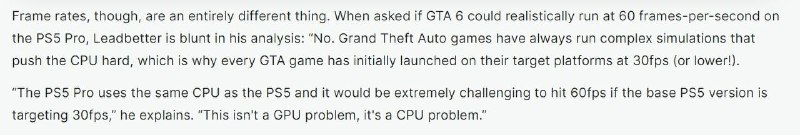 数毛社编辑「Richard Leadbetter」表示，有足够的证据表明《GTA6》的首支预告画面是在PS5或者XSX上运行的，因此有理由认为PS5 Pro能够提供预告片中展示出来的画面效果