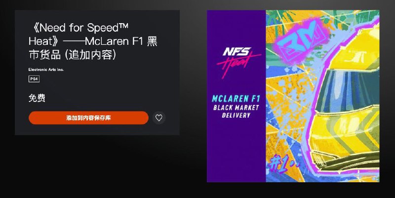 #限免限时免费领取PS4版《极品飞车：热度》DLC「迈凯伦F1」