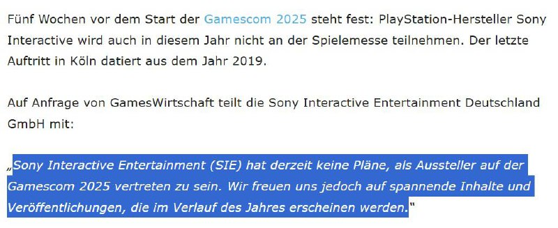 索尼向外媒GamesWirtschaft确认，将不参加今年的科隆游戏展，但会在今年晚些时候推出一系列精彩内容