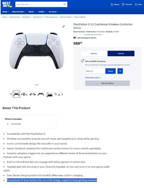 #传闻Best Buy 商城中出现了名为「PS5 V2 DualSense 无线控制器」的 PS5 手柄，疑似是新版本的 DualSense 手柄，商品说明中显示该手柄的续航时间长达 12 小时