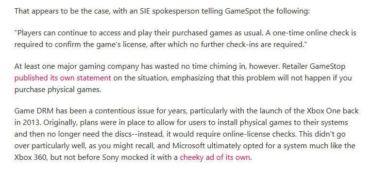 经过数日争议后，索尼发给GameSpot一份声明中表示：玩家可以像往常一样继续访问和游玩已购买的游戏