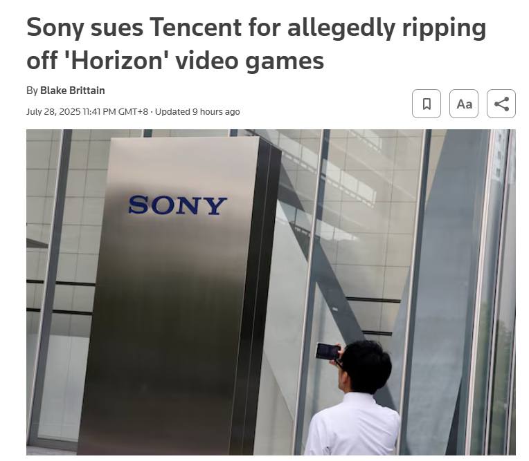 据路透社报道，索尼互动娱乐公司已在美国加利福尼亚联邦法院起诉腾讯公司，指控这家中国科技巨头侵犯其版权和商标权，称腾讯即将推出的《荒野起源》是对其热门冒险游戏系列《地平线》的“拙劣克隆”