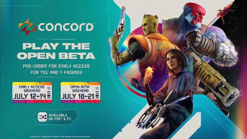 PlayStation官博宣布，5V5第一人称射击游戏《Concord》将于7月18日至7月21日面向所有PS5和PC玩家开启公开测试